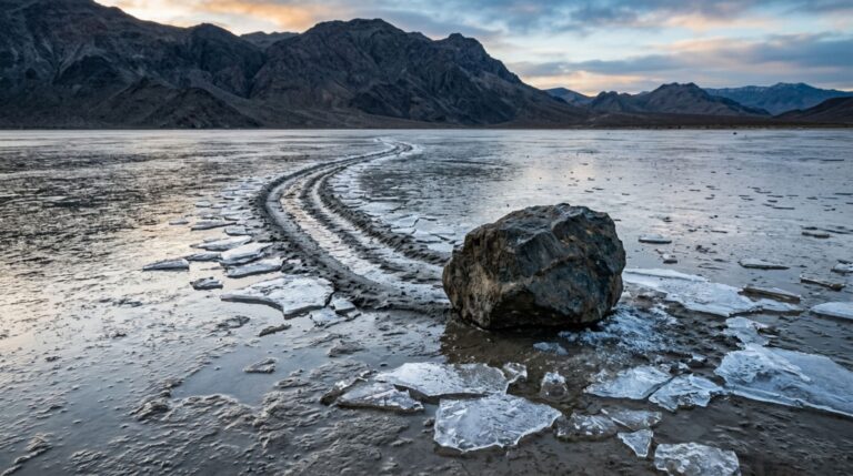 No Racetrack Playa, água rasa, gelo muito fino e vento moderado podem deslocar lentamente pedras e deixar trilhas extensas no sedimento