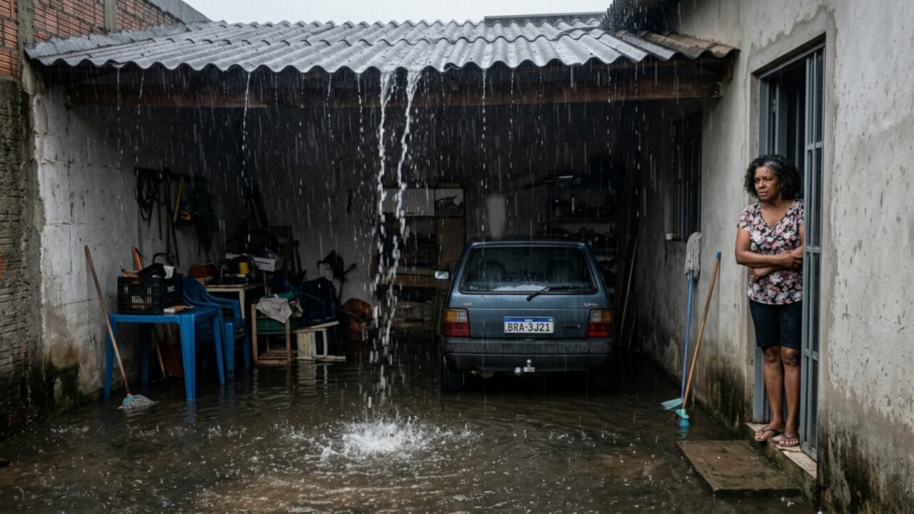 Morador retira calha presa ao muro compartilhado e deixa toda a água do telhado vizinho caindo diretamente sobre a garagem