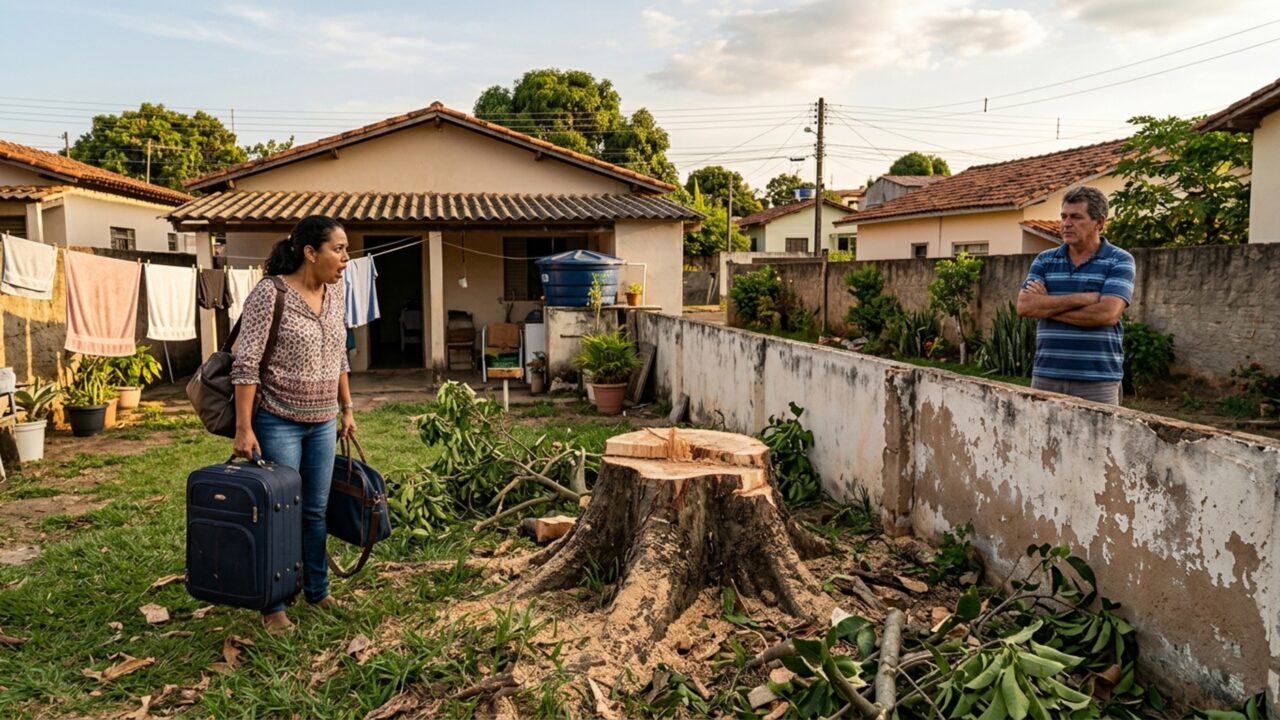 Família viaja durante o feriado e encontra árvore de 16 metros completamente removida pelo vizinho, que alegou risco de queda sobre sua casa