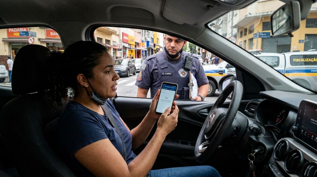 Condutora é parada em blitz dirigindo o carro do marido, procura o CRLV no aplicativo e descobre que o veículo não aparece em sua conta, fiscalização explica como compartilhar o documento digital