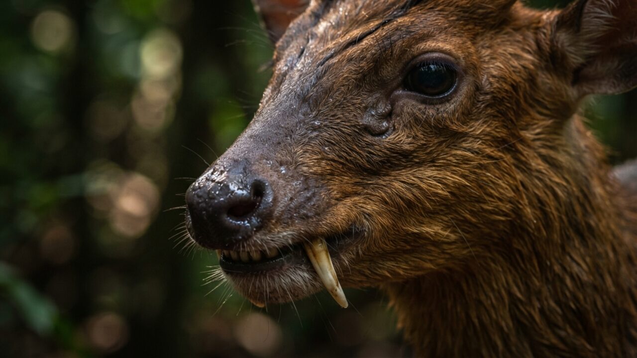Um pequeno cervo quase não aparece durante o dia: muntjac late como cachorro quando percebe perigo na floresta