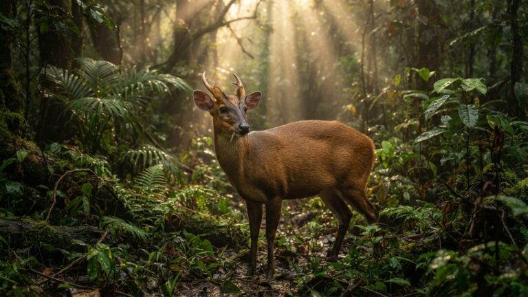 Um pequeno cervo quase não aparece durante o dia: muntjac late como cachorro quando percebe perigo na floresta