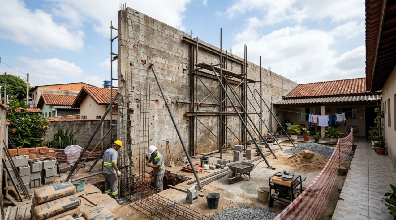 Mulher compra imóvel com edícula, inicia a demolição e descobre que uma das paredes segurava o muro alto construído pelo vizinho
