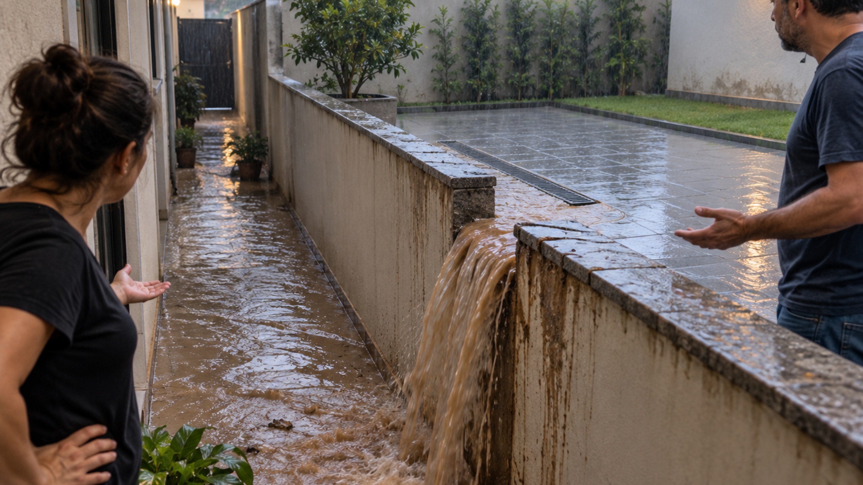 Na primeira chuva depois da reforma, água atravessa o muro e enche o corredor da casa ao lado; o novo piso do quintal vira o centro da discussão