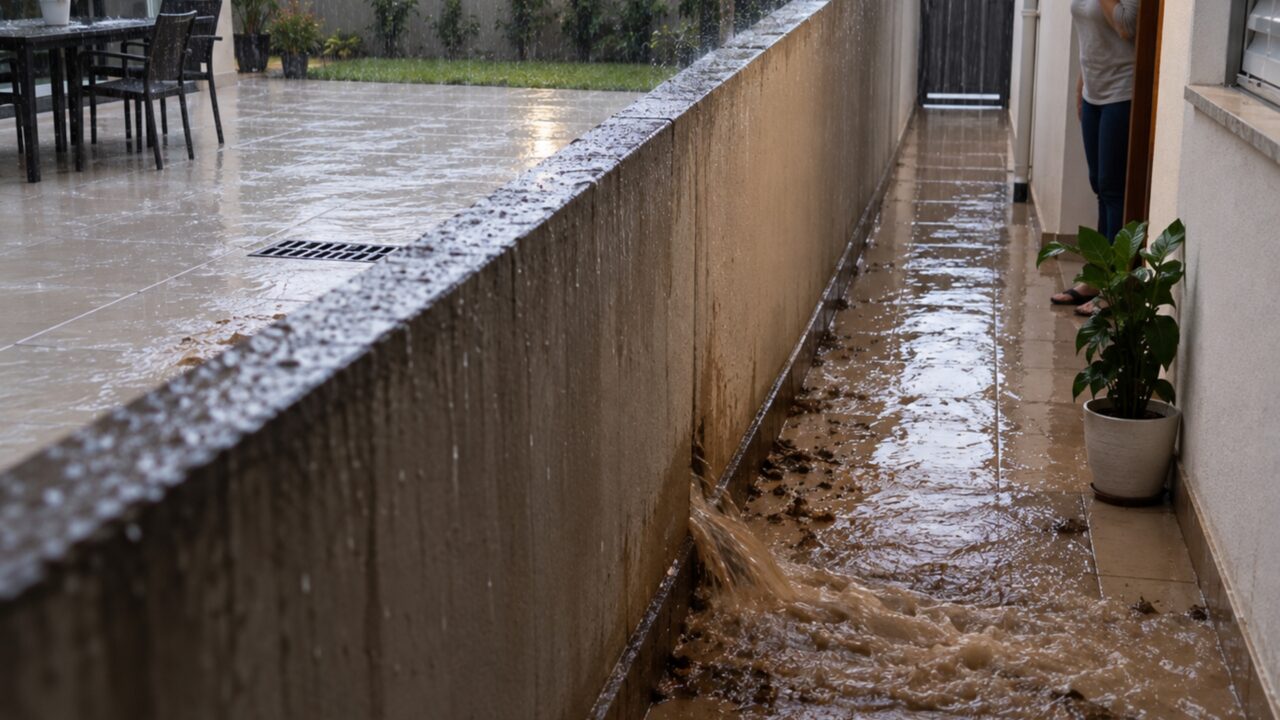 Na primeira chuva depois da reforma, água atravessa o muro e enche o corredor da casa ao lado; o novo piso do quintal vira o centro da discussão