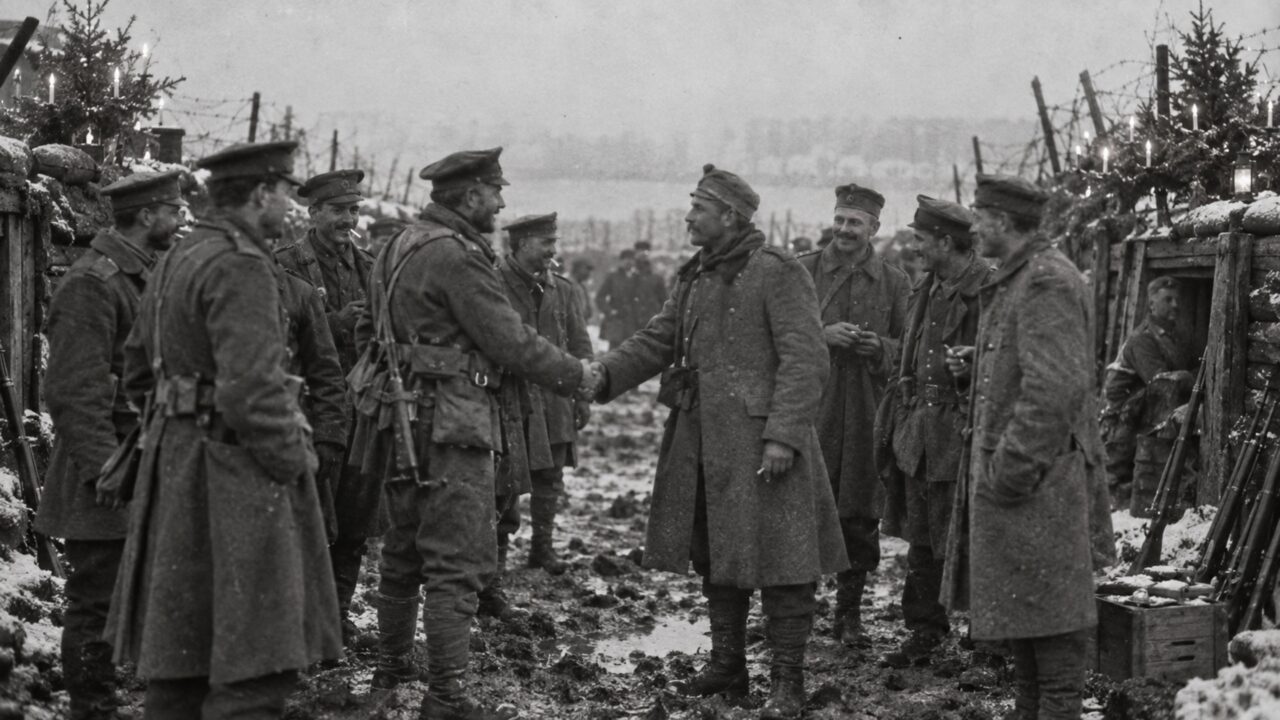 Na véspera de Natal de 1914, soldados ouviram canções vindo da trincheira inimiga, responderam cantando e acabaram largando os rifles para se encontrar no meio do campo de batalha