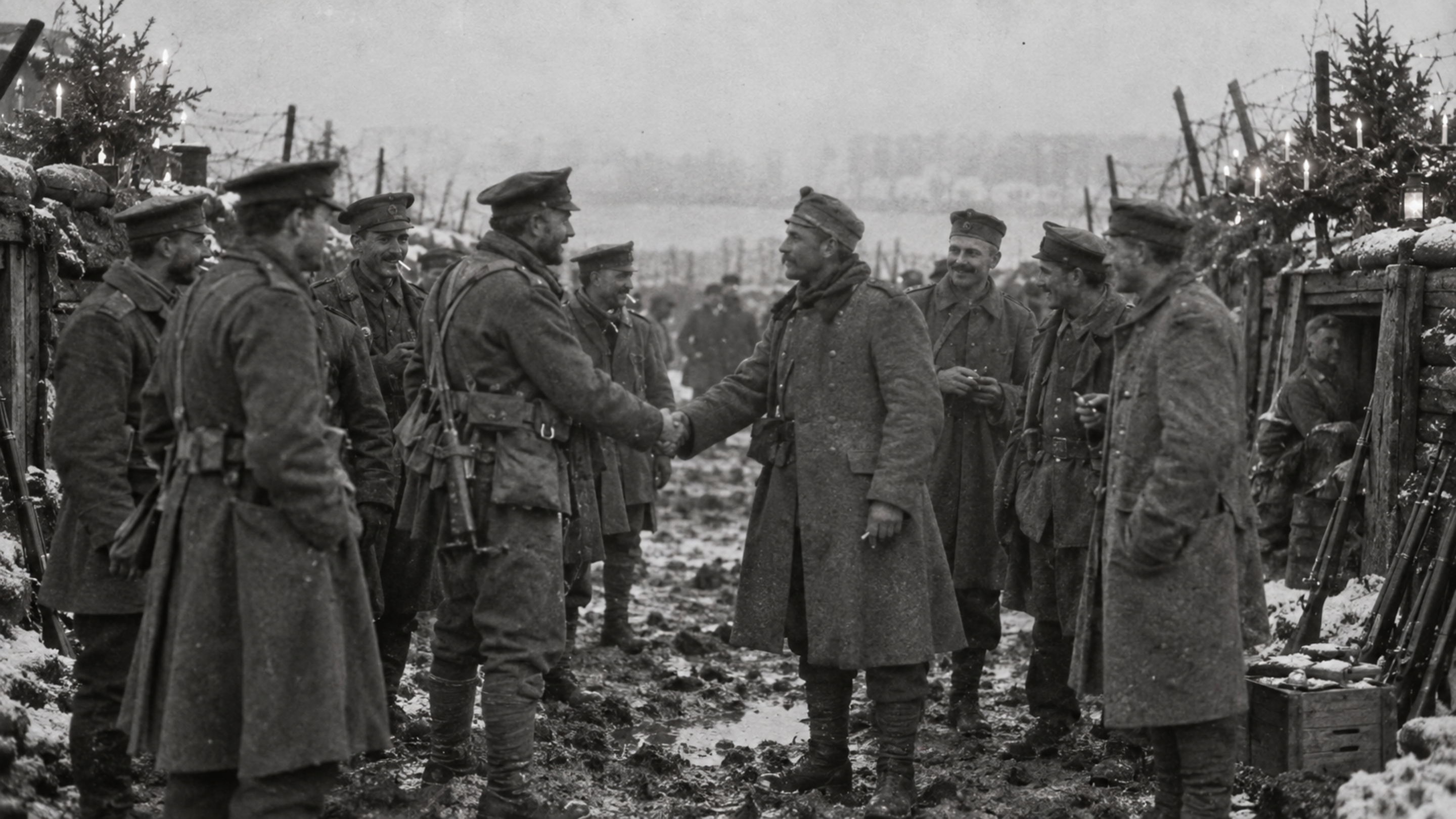 Na véspera de Natal de 1914, soldados ouviram canções vindo da trincheira inimiga, responderam cantando e acabaram largando os rifles para se encontrar no meio do campo de batalha