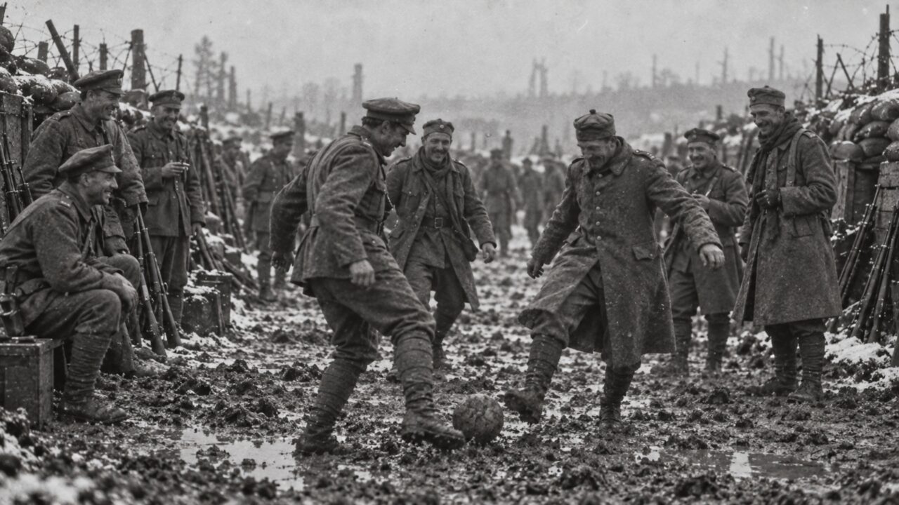 Na véspera de Natal de 1914, soldados ouviram canções vindo da trincheira inimiga, responderam cantando e acabaram largando os rifles para se encontrar no meio do campo de batalha