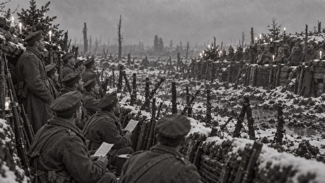 Na véspera de Natal de 1914, soldados ouviram canções vindo da trincheira inimiga, responderam cantando e acabaram largando os rifles para se encontrar no meio do campo de batalha