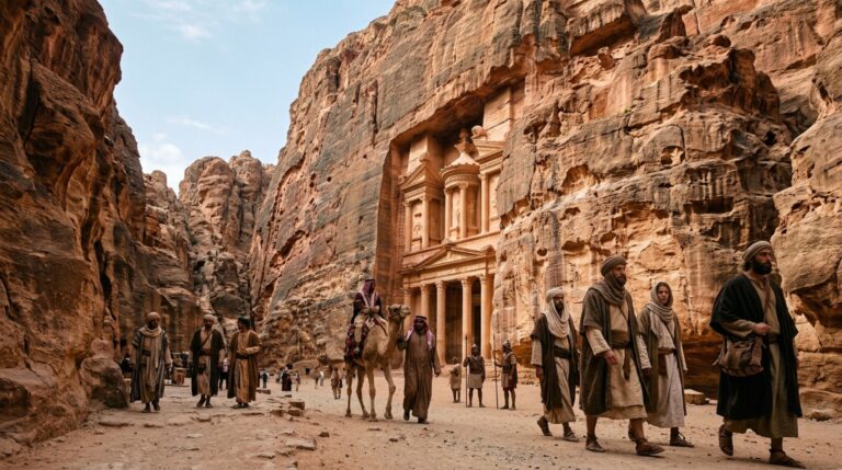 Fachada monumental de Petra talhada no arenito jordaniano