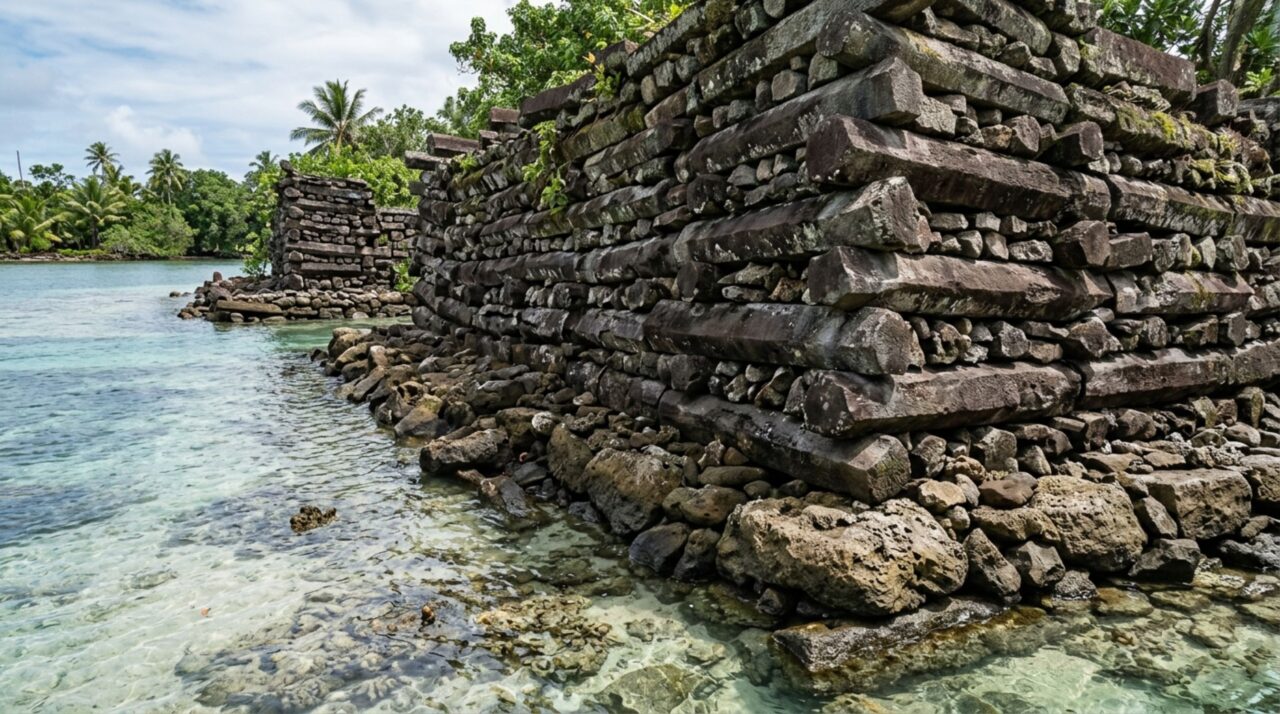 As muralhas de Nan Madol foram erguidas com grandes colunas de basalto dispostas em camadas alternadas sobre ilhotas artificiais de coral