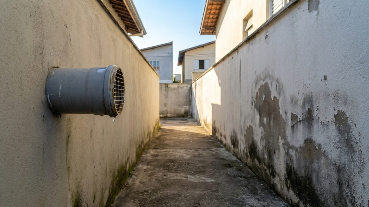 Moradores reformam o banheiro e descobrem só depois que novo exaustor lança todo o ar úmido diretamente no corredor estreito da casa vizinha