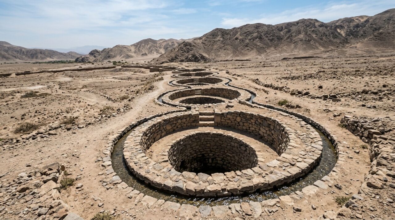 Poços em espiral descem até túneis com água no deserto e engenheiros Nasca mantiveram canais funcionando onde quase não chove