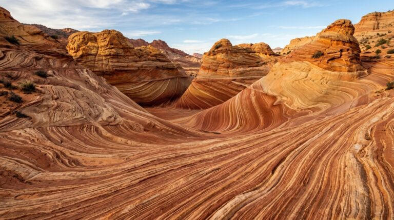 The Wave exibe curvas e laminações do arenito Navajo esculpidas pela erosão