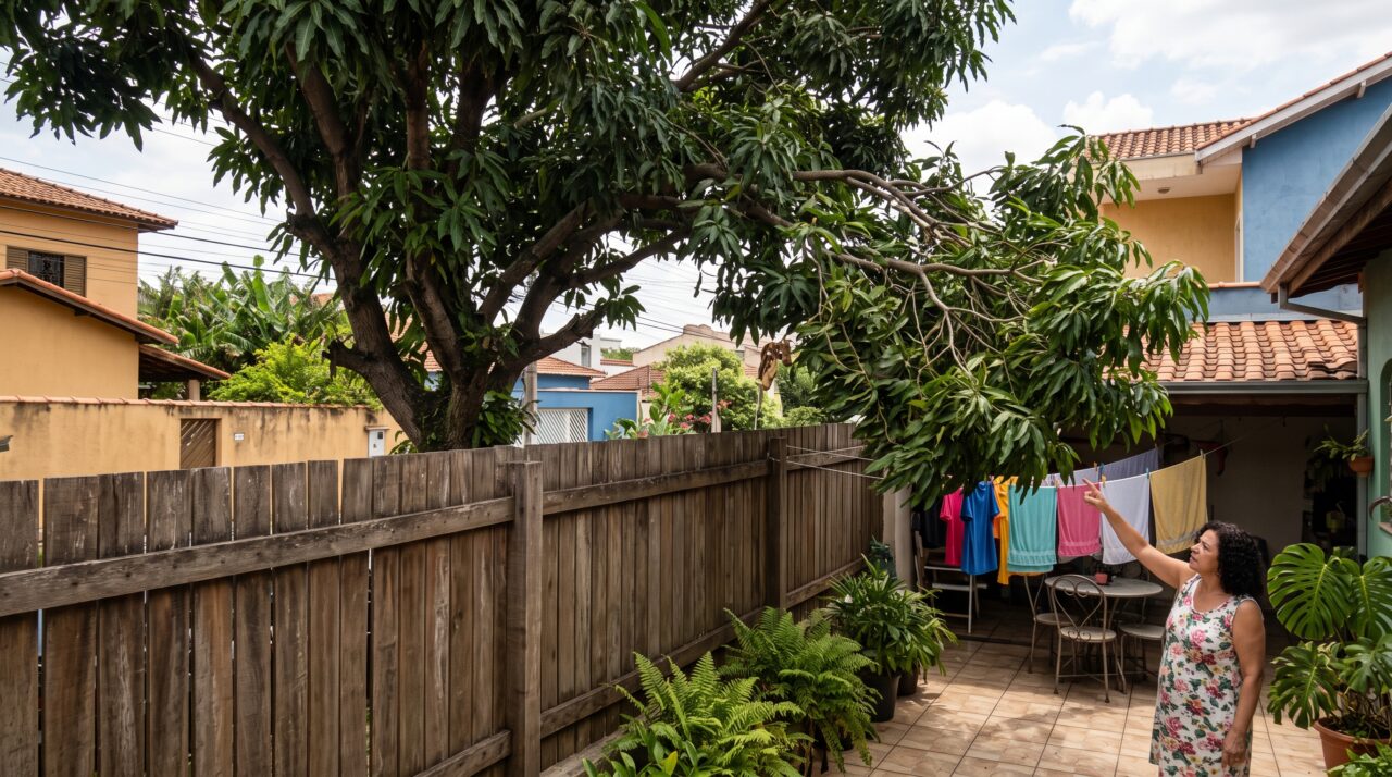 Raízes de árvore do terreno ao lado racham o muro divisório e ameaçam o piso da casa, morador prejudicado exige que o vizinho pague a reconstrução amparado nas regras do código civil sobre limites de propriedade