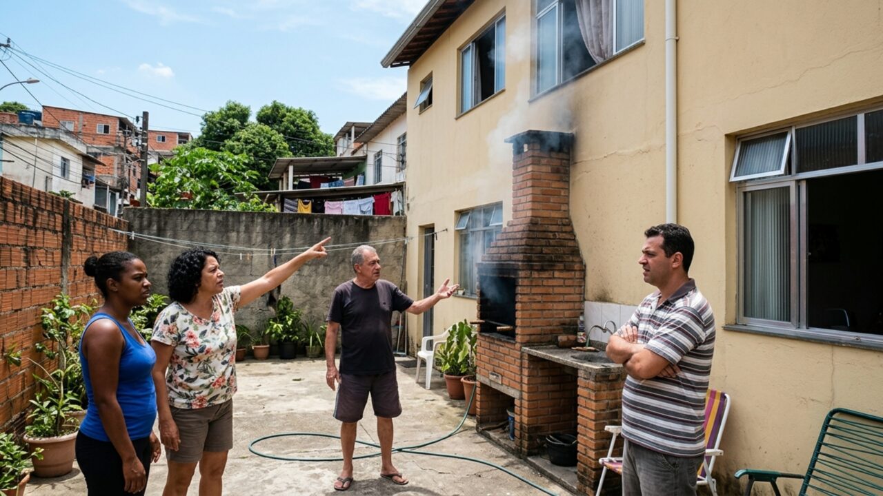 Casal coloca churrasqueira junto ao muro e vizinhos começam a fechar todas as janelas sempre que família faz almoço de domingo