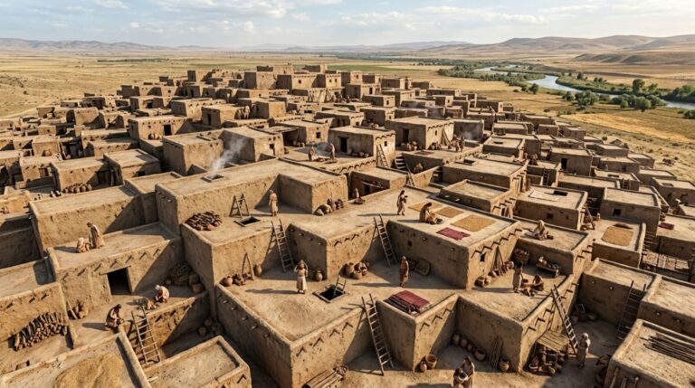 Em Çatalhöyük, casas compactas formavam uma paisagem contínua de telhados.