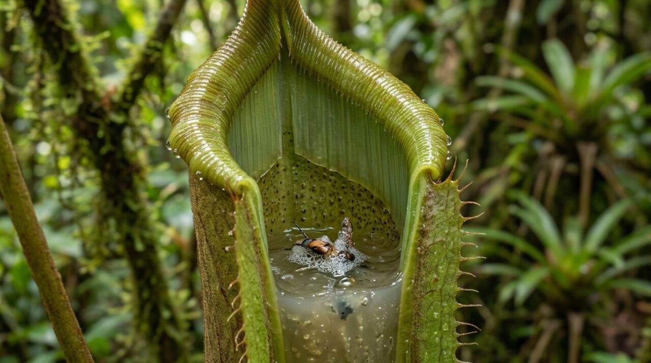 Detalhe do jarro capturando um artrópode no líquido digestivo
