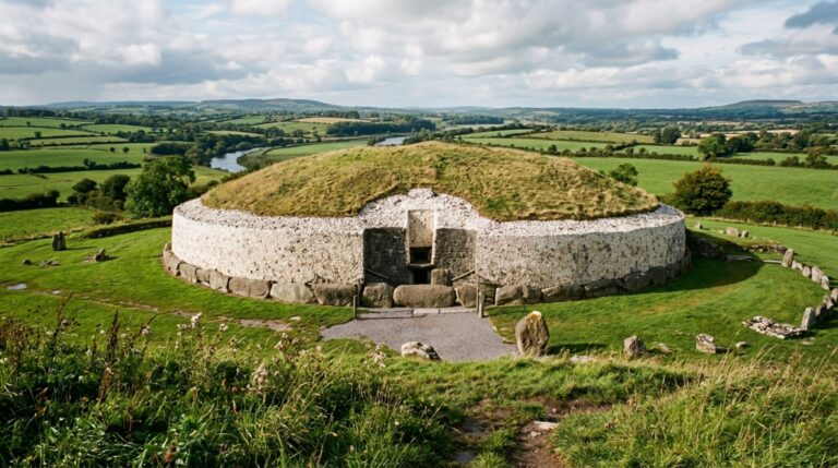 Vista externa de Newgrange na paisagem arqueológica de Brú na Bóinne
