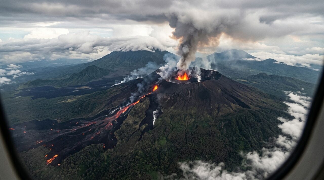 Nuvens finalmente abriram sobre um dos vulcões mais ativos da África e revelaram rios de lava fresca descendo pela montanha