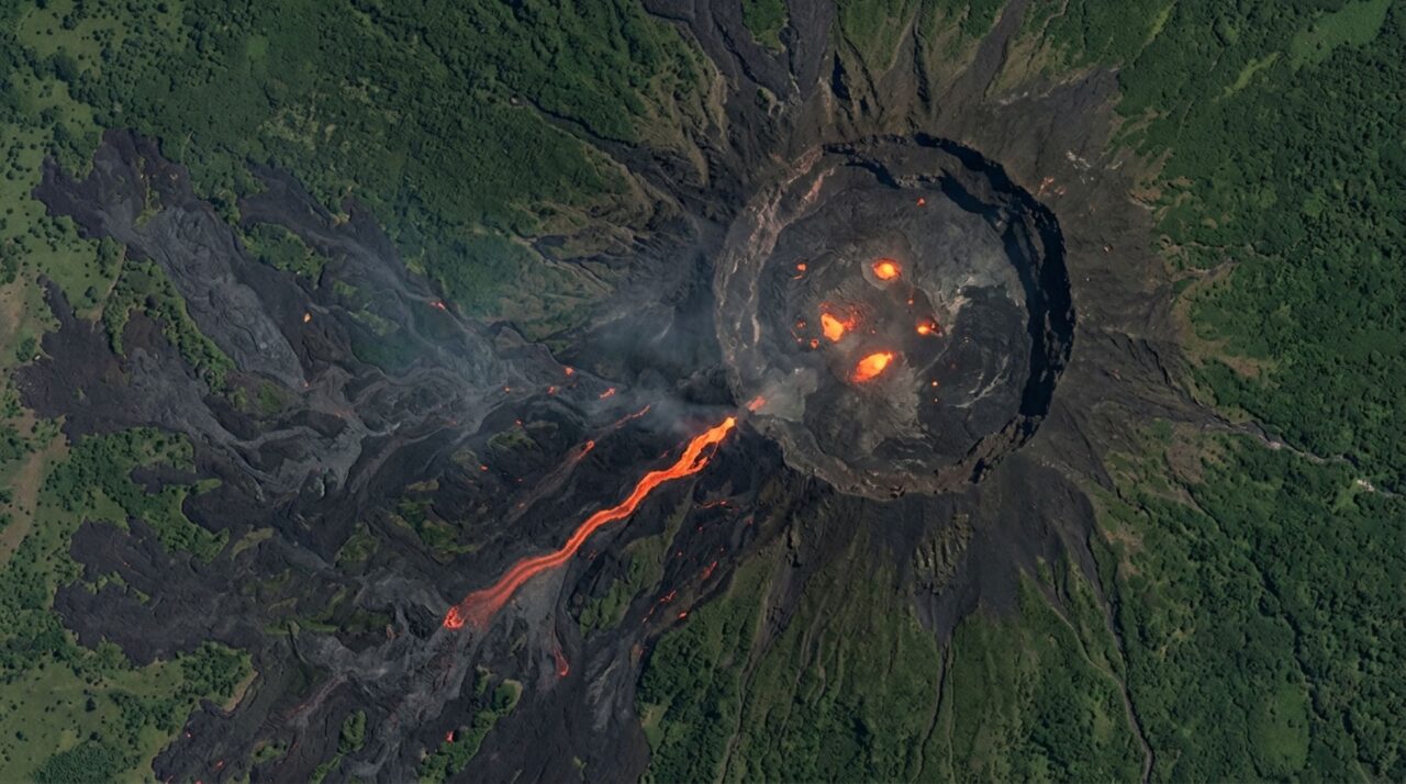 A caldeira e os fluxos recentes revelam a intensidade da erupção observada pelo Landsat 8