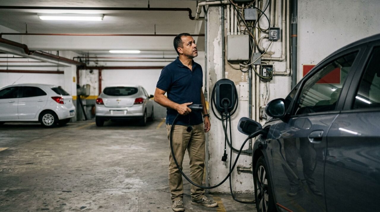 Morador instala carregador de carro elétrico na própria vaga para não depender de postos e, semanas depois, síndico exige a retirada alegando uso de energia da área comum