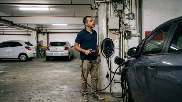 Morador instala carregador de carro elétrico na própria vaga para não depender de postos e, semanas depois, síndico exige a retirada alegando uso de energia da área comum