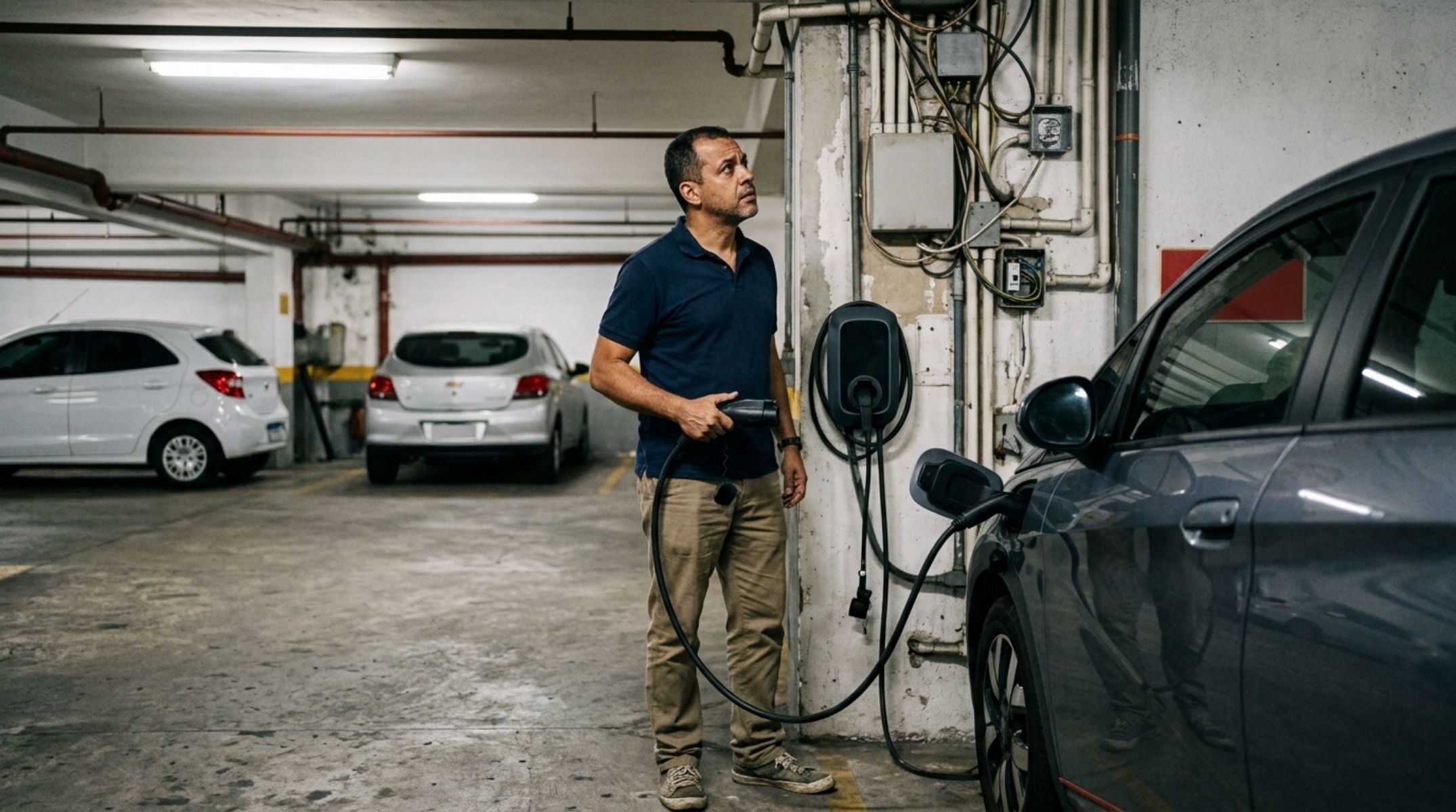 Morador instala carregador de carro elétrico na própria vaga para não depender de postos e, semanas depois, síndico exige a retirada alegando uso de energia da área comum