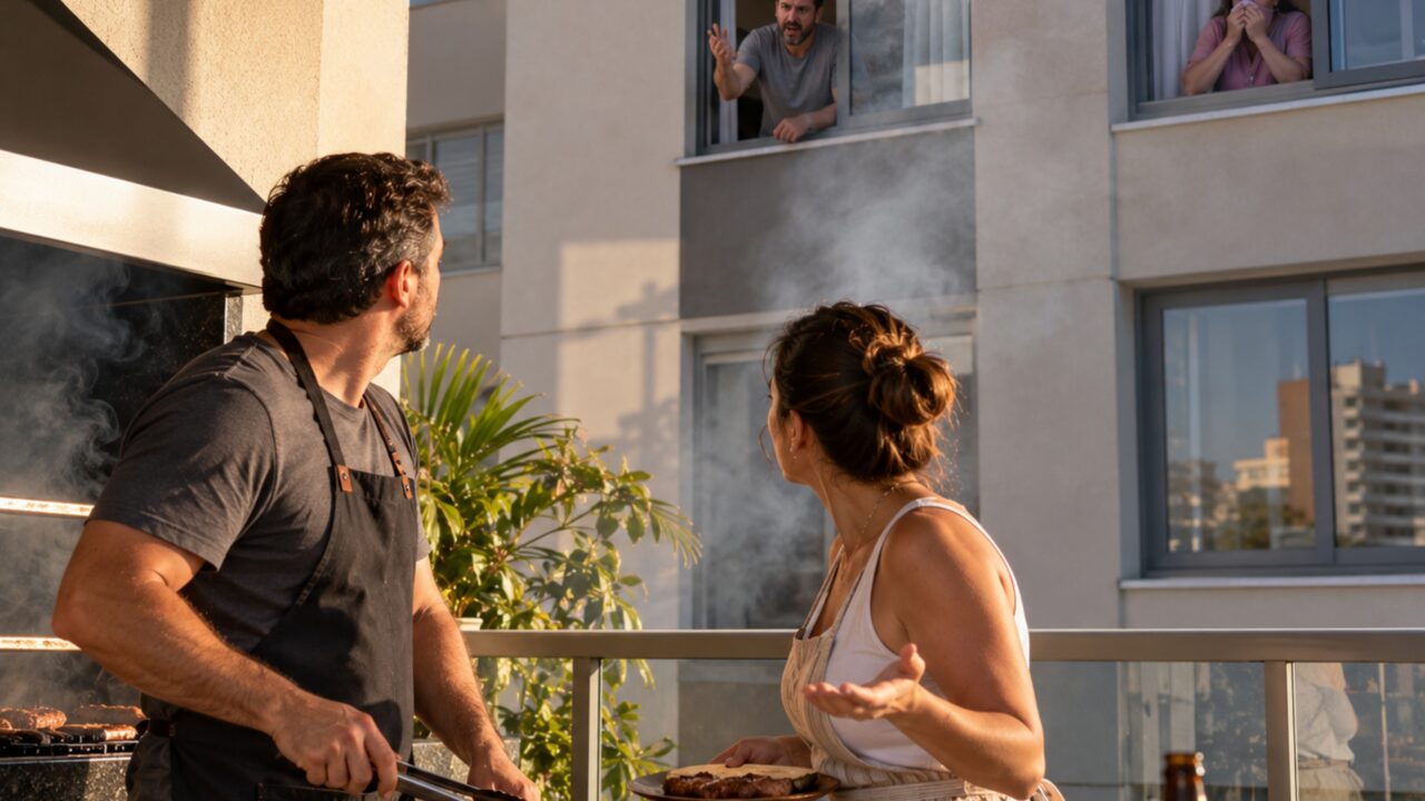 O churrasco de domingo termina com reclamação formal depois que fumaça entra em dois apartamentos superiores e condomínio começa a discutir a churrasqueira da varanda
