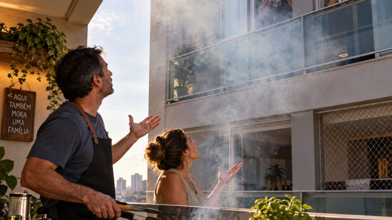 O churrasco de domingo termina com reclamação formal depois que fumaça entra em dois apartamentos superiores e condomínio começa a discutir a churrasqueira da varanda