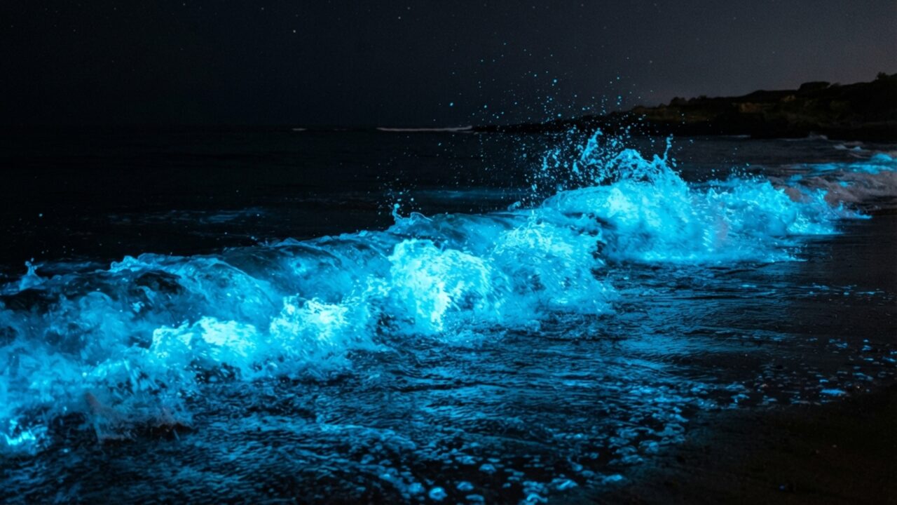 O oceano acende sem lâmpadas quando bilhões de células são agitadas: ondas podem transformar a praia numa faixa azul durante a noite