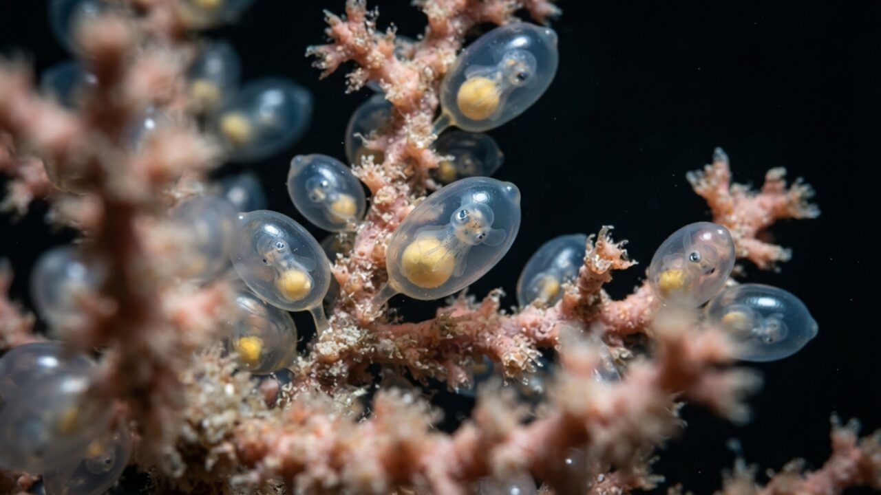 Um coral profundo virou berçário para um polvo: ovos ficam presos aos galhos a milhares de metros onde quase não existe abrigo