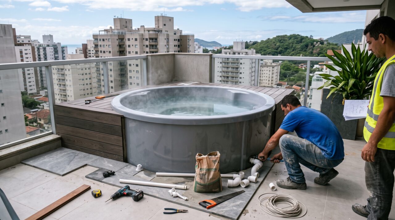 Casal instala ofurô de grande porte na varanda sem laudo técnico de um engenheiro, síndico paralisa a obra e exige a remoção imediata usando as normas da ABNT e a lei do condomínio sobre risco estrutural