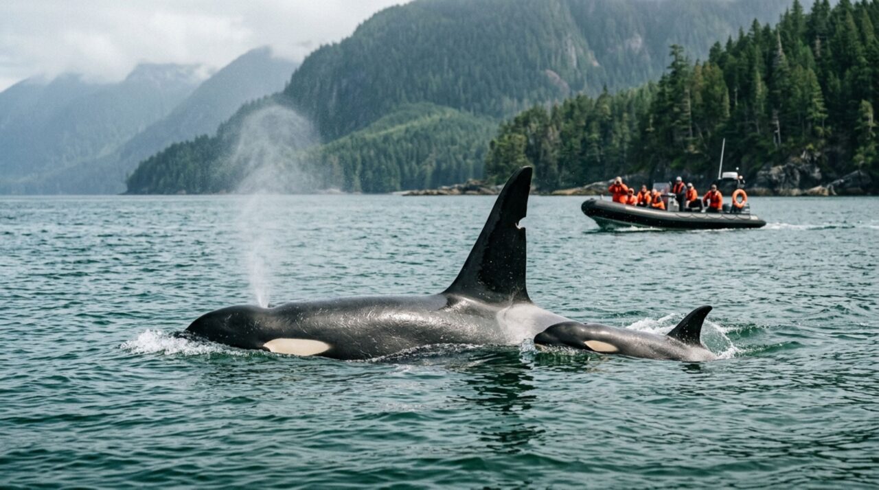 Uma orca com filhote pode cruzar uma rota de balsa durante a passagem sazonal de cardumes, enquanto a embarcação reduz a velocidade e amplia a distância