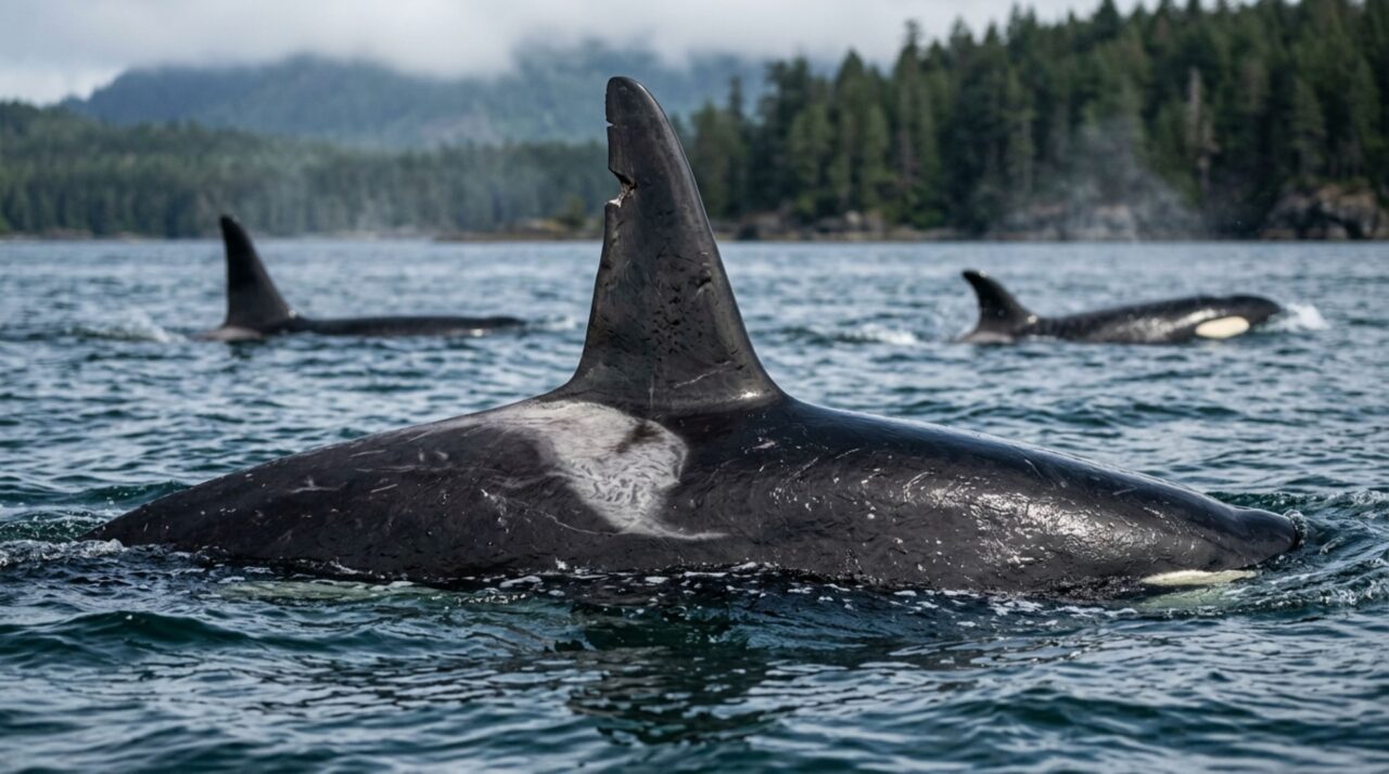 Cortes, entalhes, cicatrizes e o padrão claro atrás da dorsal ajudam a sustentar a identificação plausível de uma orca sem confirmar sozinhos o mesmo indivíduo