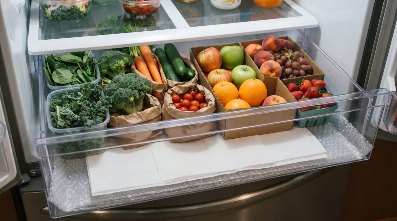 Truque de forrar a fruteira e a gaveta da geladeira com plástico bolha e papel toalha para conservar alimentos