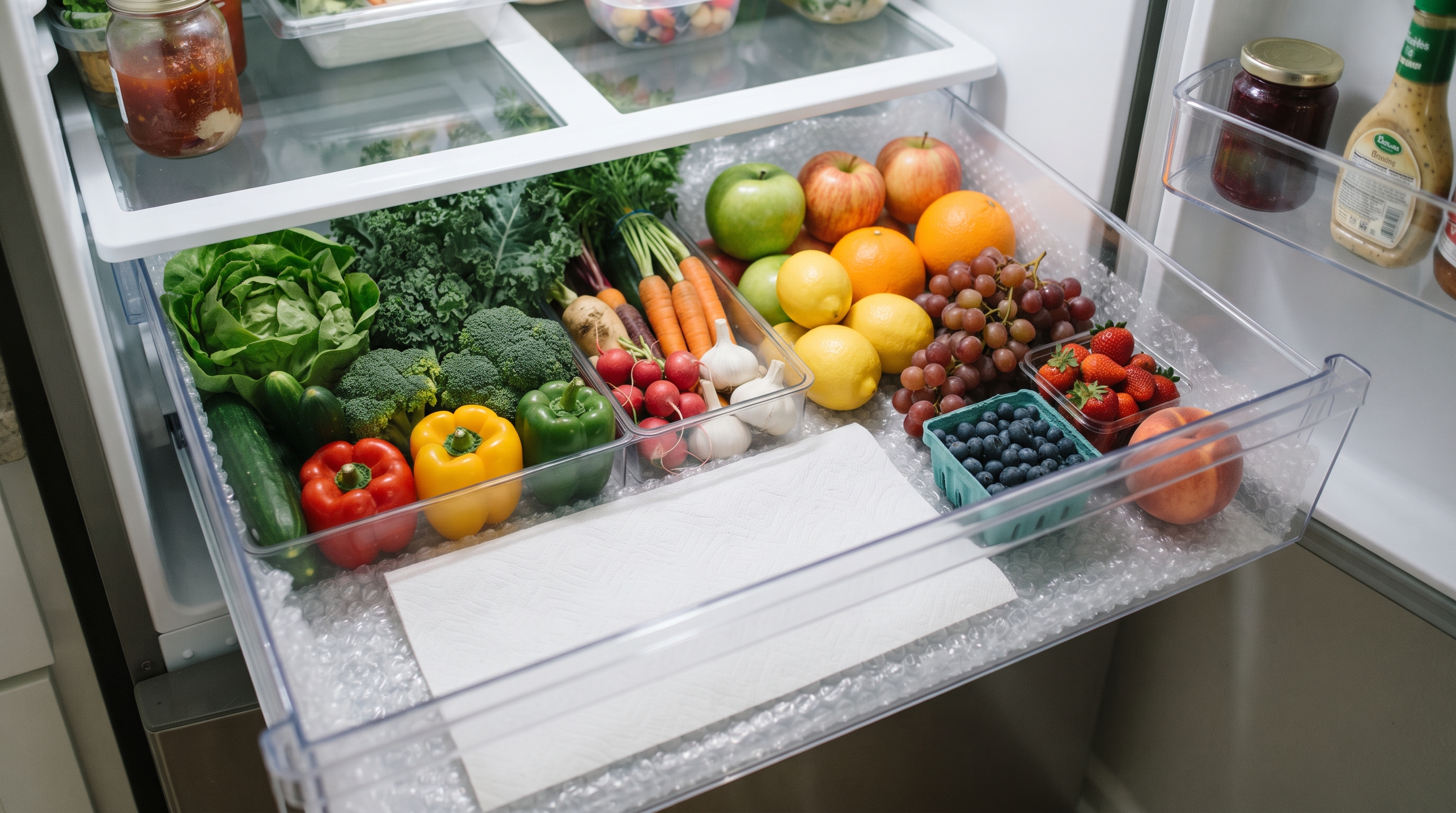 Forrar o fundo da fruteira e a gaveta da geladeira com plástico bolha e papel toalha: a solução definitiva para suas frutas e verduras durarem o dobro do tempo