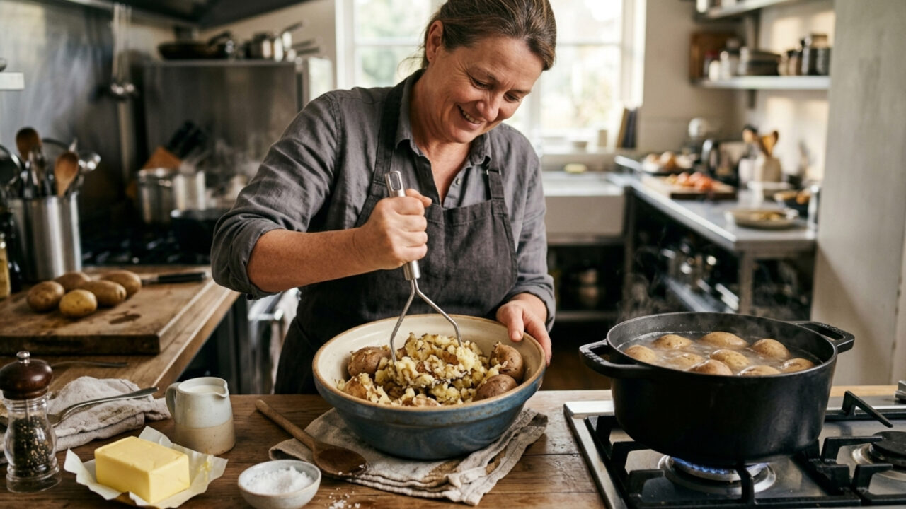 Os chefs são unânimes Purê de batatas melhora em textura e sabor se forem cozidos com a pele e bastante água, além de serem esmagados à mão