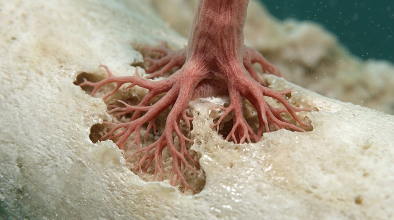 As raízes acidificam localmente o osso e alcançam compostos orgânicos protegidos pela matriz mineral