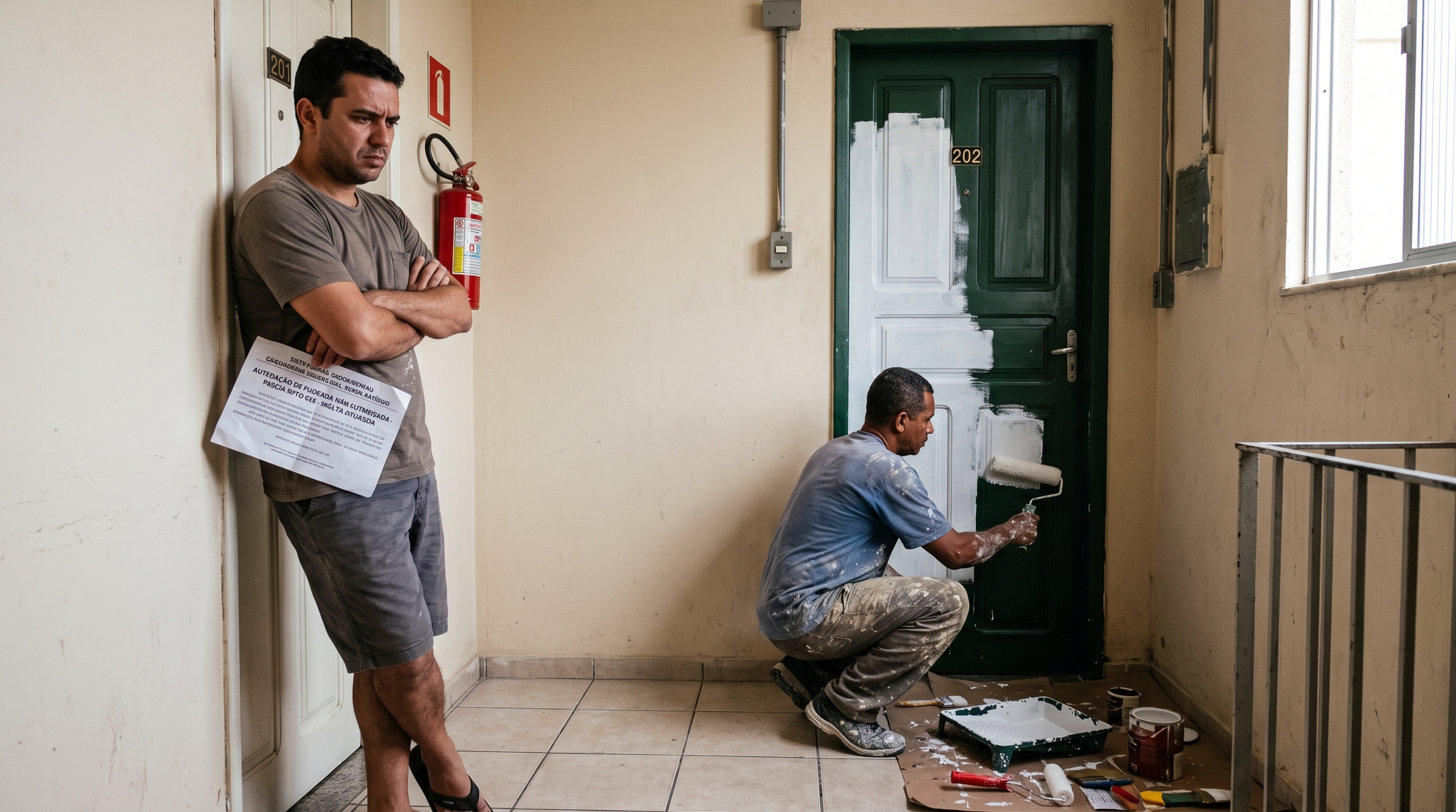 Família troca a porta de entrada do apartamento por outra cor e descobre que o lado voltado ao corredor pode estar sujeito à padronização