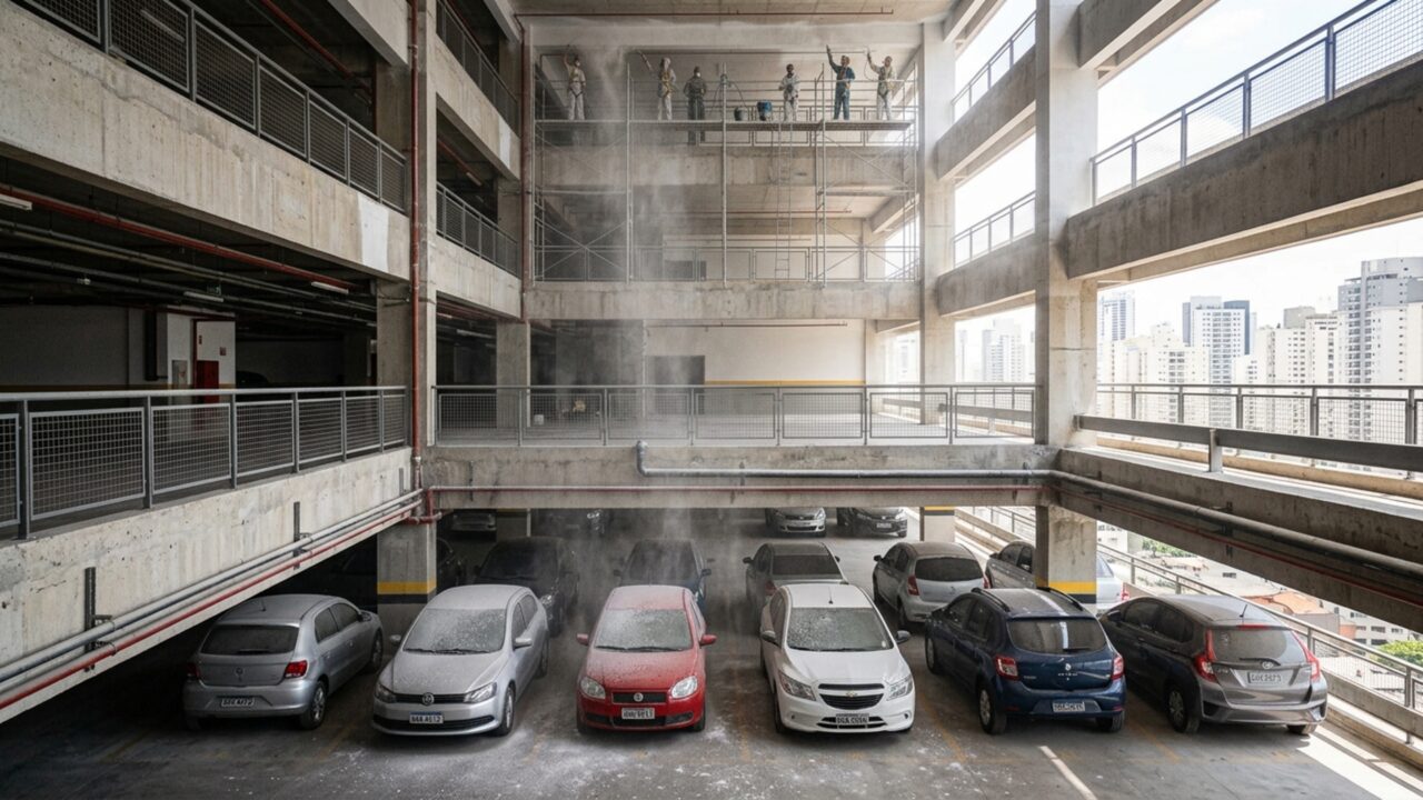 Sem retirar os veículos, condomínio pinta teto da garagem e névoa de tinta branca atinge 12 carros estacionados dois andares abaixo