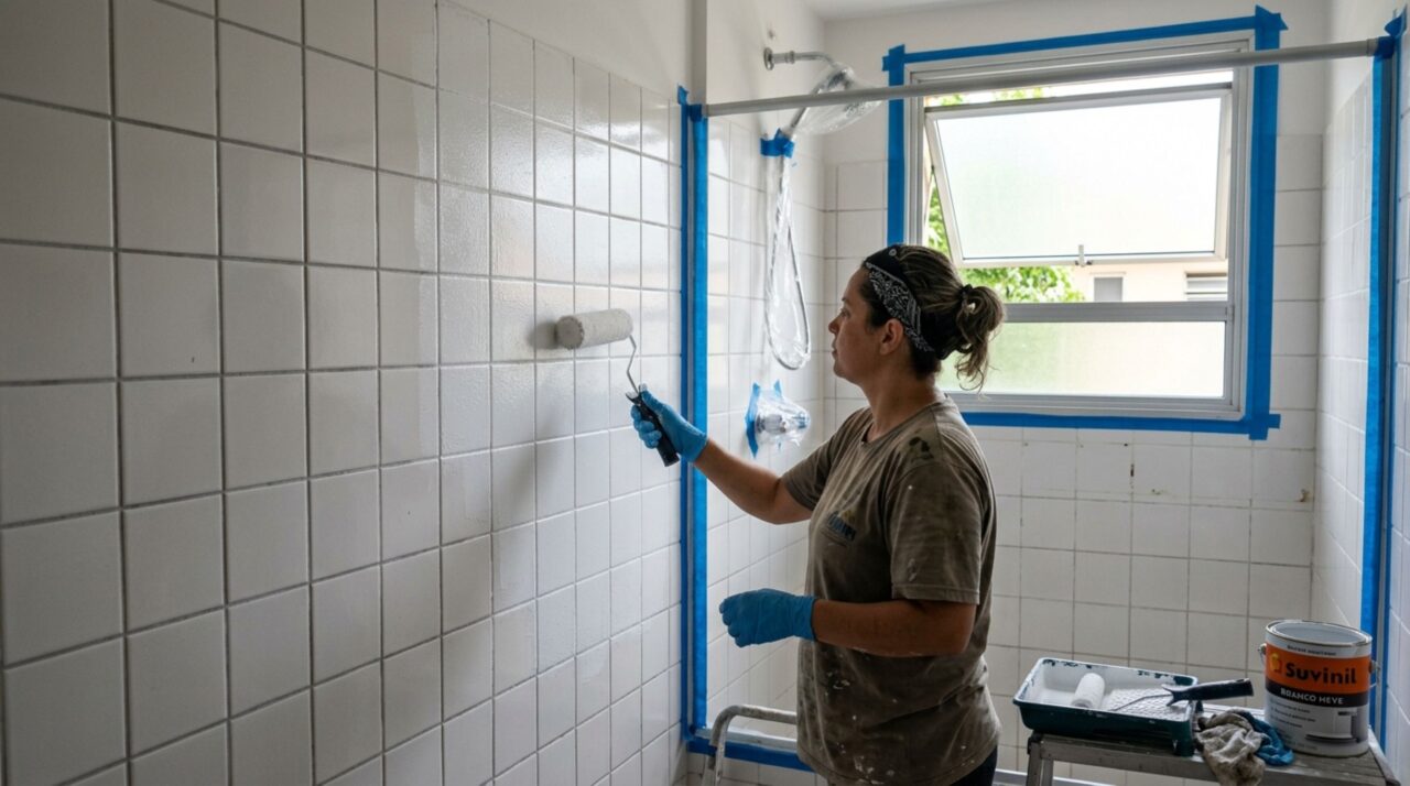 Sem arrancar azulejos antigos nem produzir entulho: uma forma de renovar o banheiro usando pintura própria para revestimentos cerâmicos