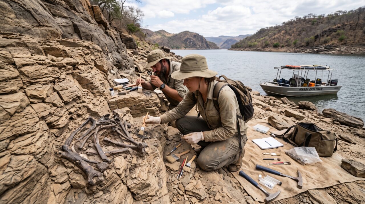 Um dinossauro de 4,5 metros apareceu poucos metros acima da água porque paleontólogos decidiram procurar fósseis de barco entre crocodilos e hipopótamos