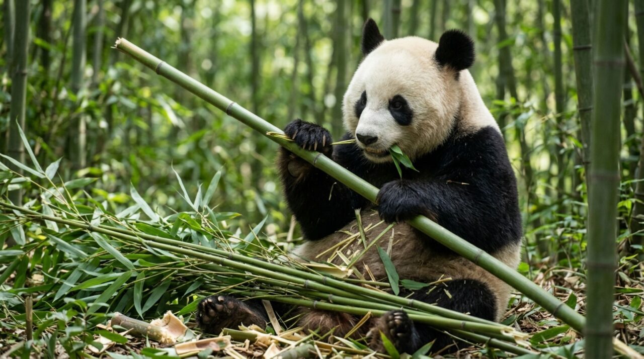 Panda-gigante pode passar até 16 horas por dia comendo e precisa consumir dezenas de quilos de bambu porque seu corpo aproveita mal o alimento que domina sua dieta