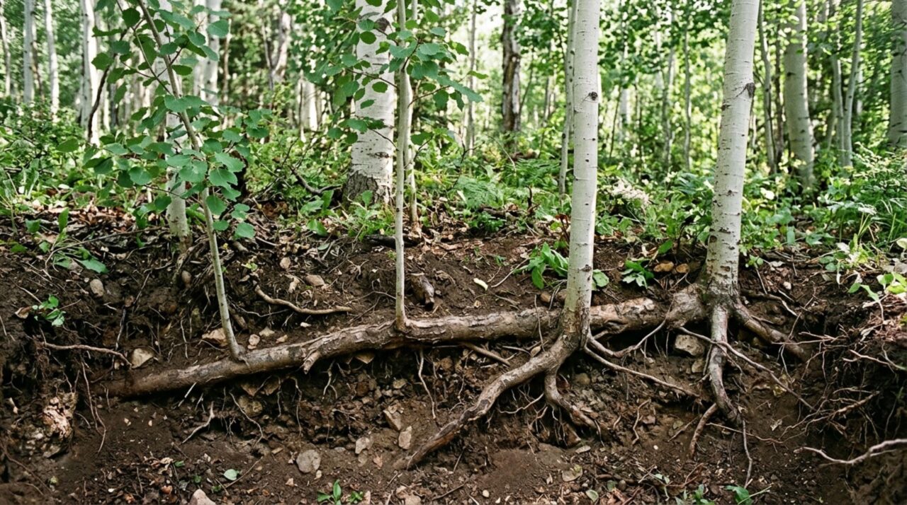 As raízes subterrâneas originam novos troncos do mesmo clone