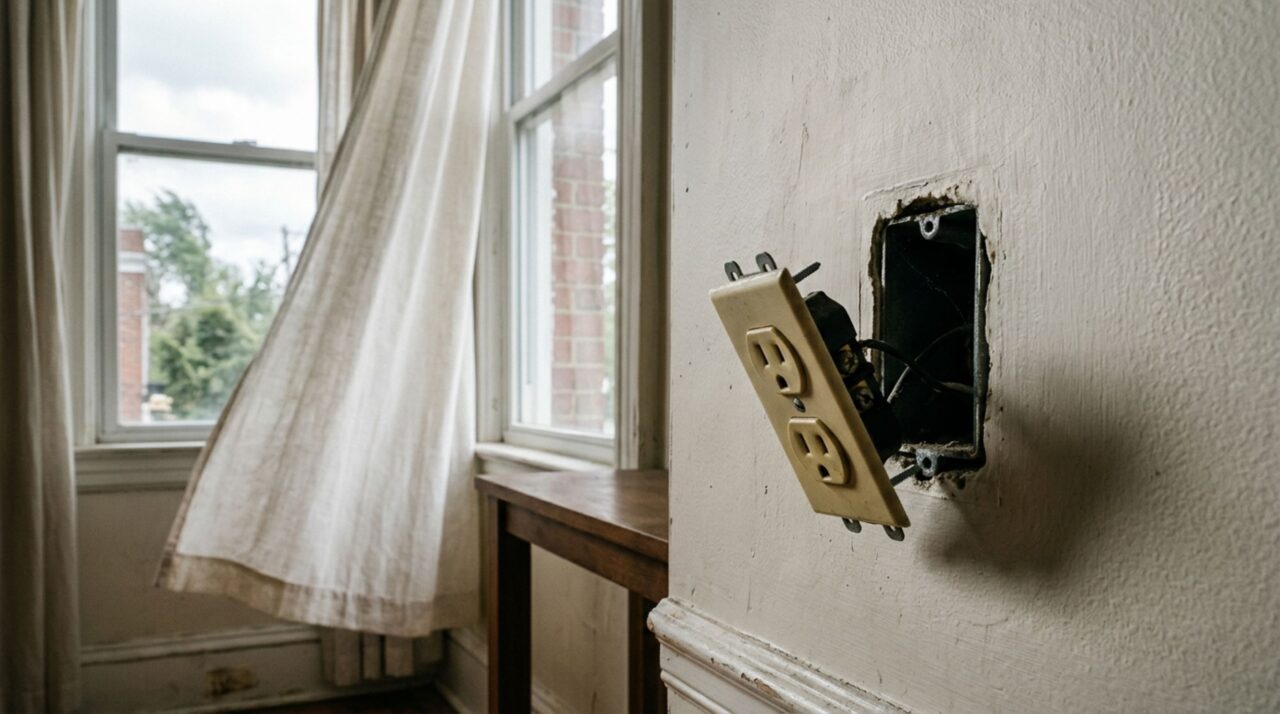 Depois de ouvir um assobio vindo da parede da sala sempre que ventava forte, morador passa meses procurando frestas nas janelas até retirar uma tomada antiga e descobrir que o conduíte vazio atravessava a fachada e funcionava como um pequeno tubo para o vento