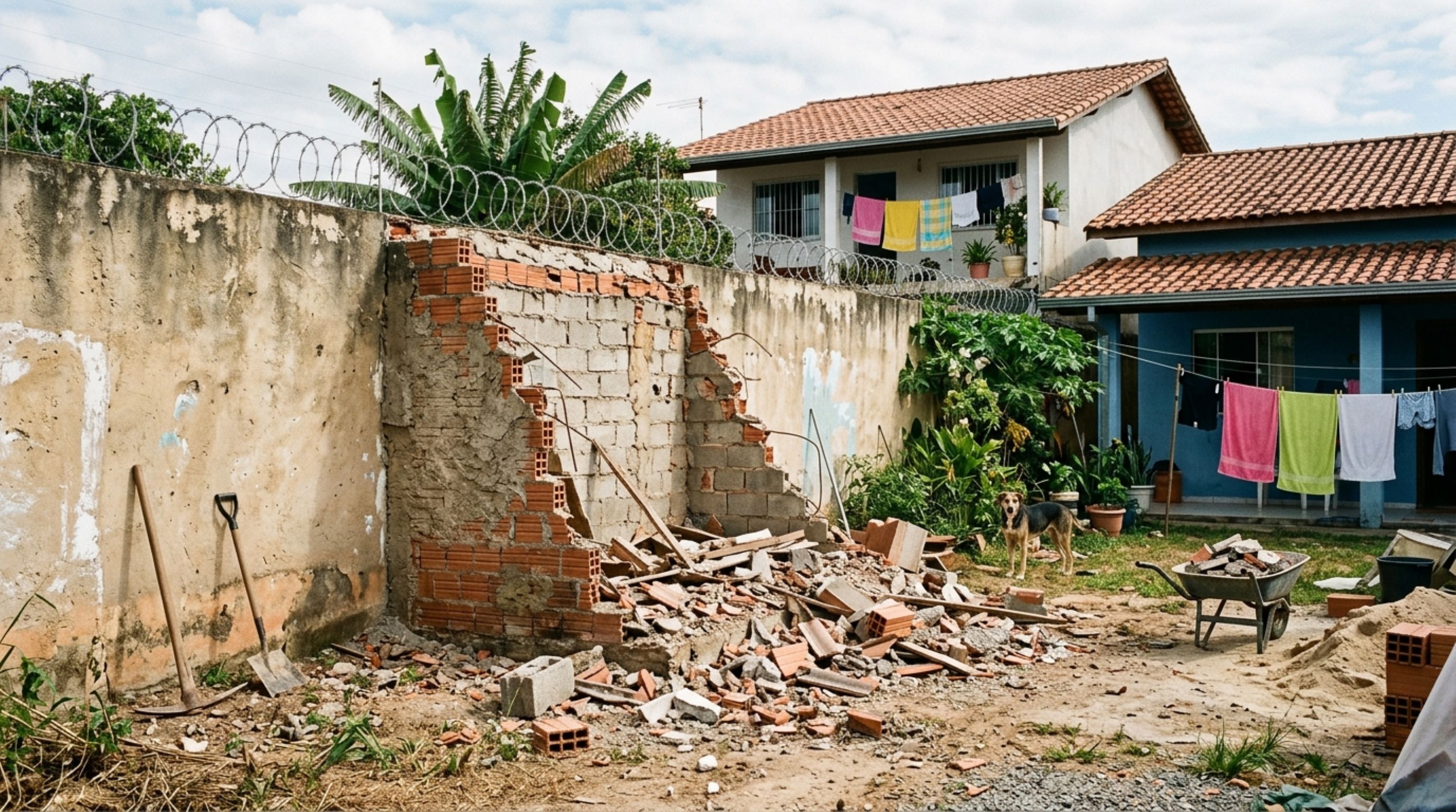 Mulher retira uma edícula para aumentar o quintal e, durante a demolição, pedreiro descobre que uma das paredes ajudava a segurar o muro alto do vizinho