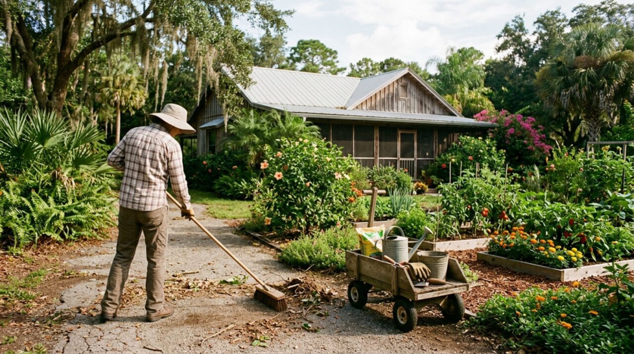 As atividades incluem jardinagem, organização e pequenos cuidados domésticos durante o voluntariado na Flórida