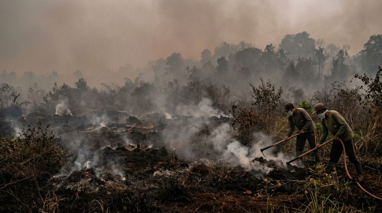 Fumaça escureceu o céu de Bornéu enquanto incêndios subterrâneos continuavam queimando turfa mesmo longe das chamas visíveis