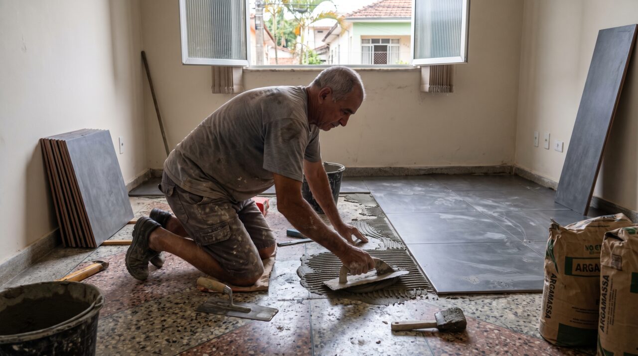 Custo e processo para sobrepor porcelanato de grande formato em piso antigo da sala